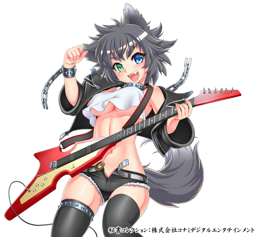 1girl, animal_ears, bare_shoulders, belt, black_hair, black_legwear, blue_eyes, bracelet, breasts, chain, collar, crop_top, electric_guitar, eyebrows, fang, gochou_(kedama), green_eyes, guitar, heterochromia, highres, hisho_collection, instrument, jacket, jewelry, looking_at_viewer, midriff, navel, official_art, open_clothes, open_jacket, open_mouth, shorts, smile, solo, spiked_bracelet, spiked_collar, spikes, tail, thigh-highs, thigh_strap, unclasped, under_boob, unzipped, wolf_ears