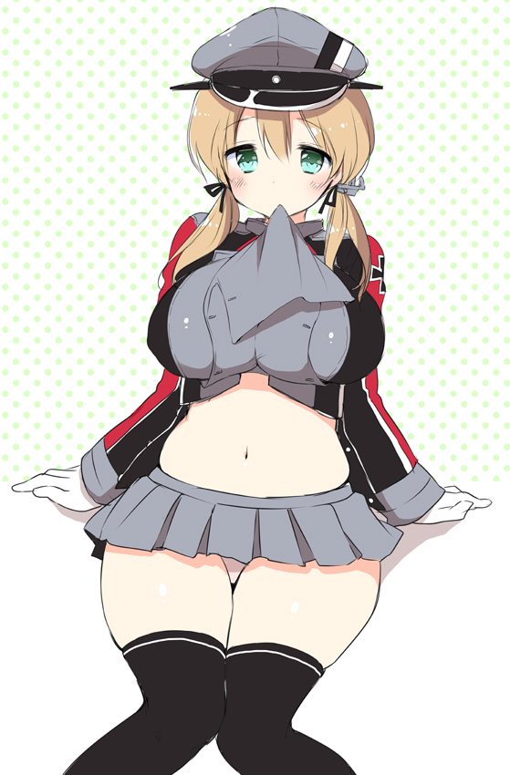 1girl, alternate_breast_size, aqua_eyes, black_legwear, blonde_hair, blush, breasts, gloves
