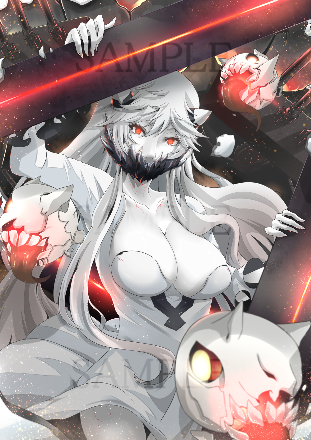 1girl, breasts, cleavage, dress, endouvocalotyu, highres, horns, kantai_collection, large_breasts, long_hair, midway_hime, pale_skin, red_eyes, shinkaisei-kan, solo, veins, very_long_hair, white_dress, white_hair, white_skin
