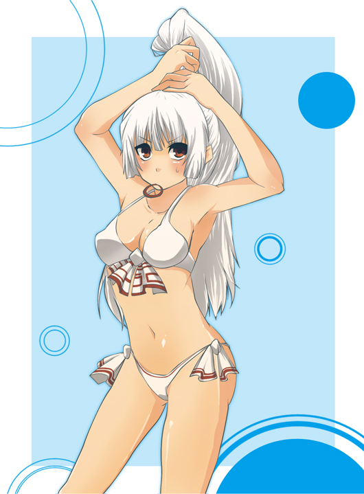 alternate_hairstyle, bad_id, bikini, front-tie_top, fujiwara_no_mokou, kadotarou, long_hair, mouth_hold
