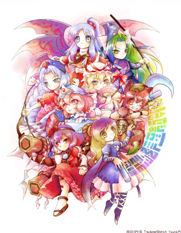 6+girls, animal_ears, arrow, artist_name, autumn_leaves, blonde_hair, blue_dress, blue_eyes