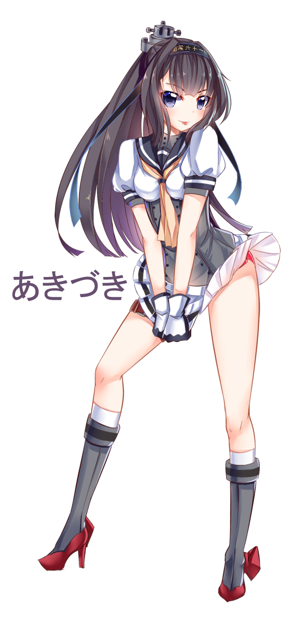 1girl, :p, akizuki_(kantai_collection), alternate_hair_length, alternate_hairstyle, blue_eyes, brown_hair, corset