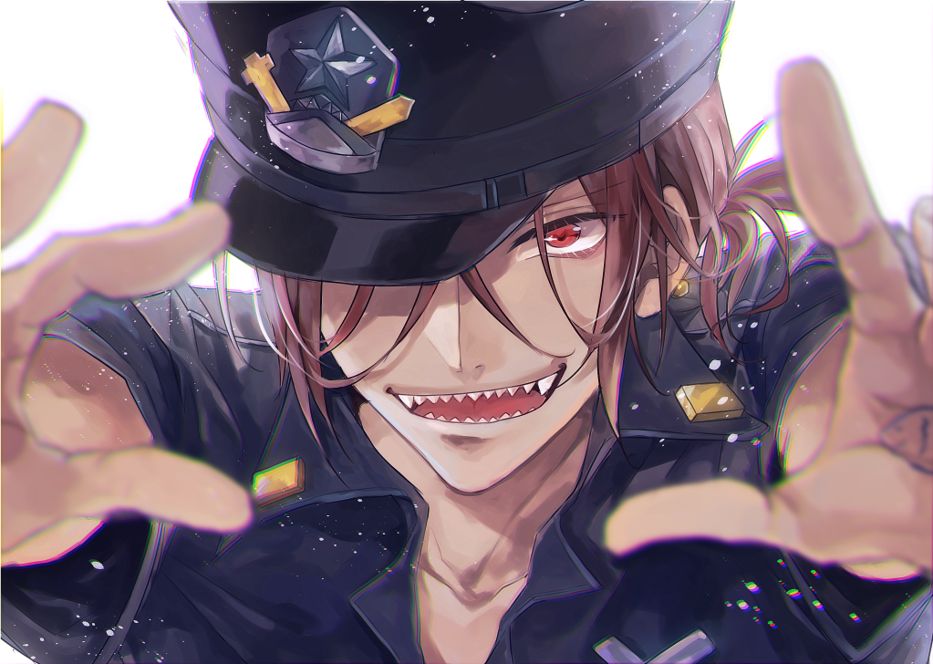 1boy, ailm, free!, hat, long_hair, matsuoka_rin, open_mouth, police