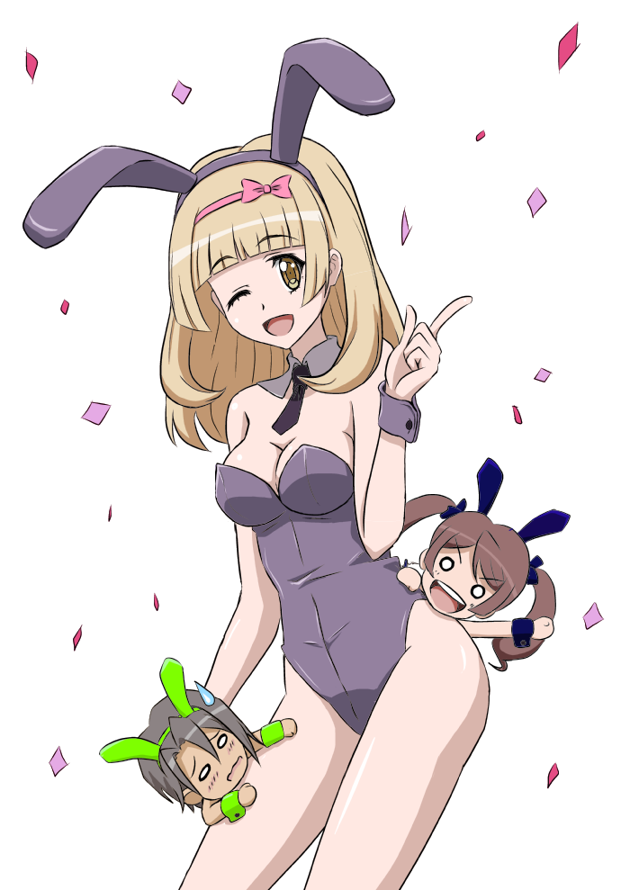 3girls, andou_kuriyo, blonde_hair, brown_hair, bunnysuit, confetti, hair_ribbon, itaba_yumi