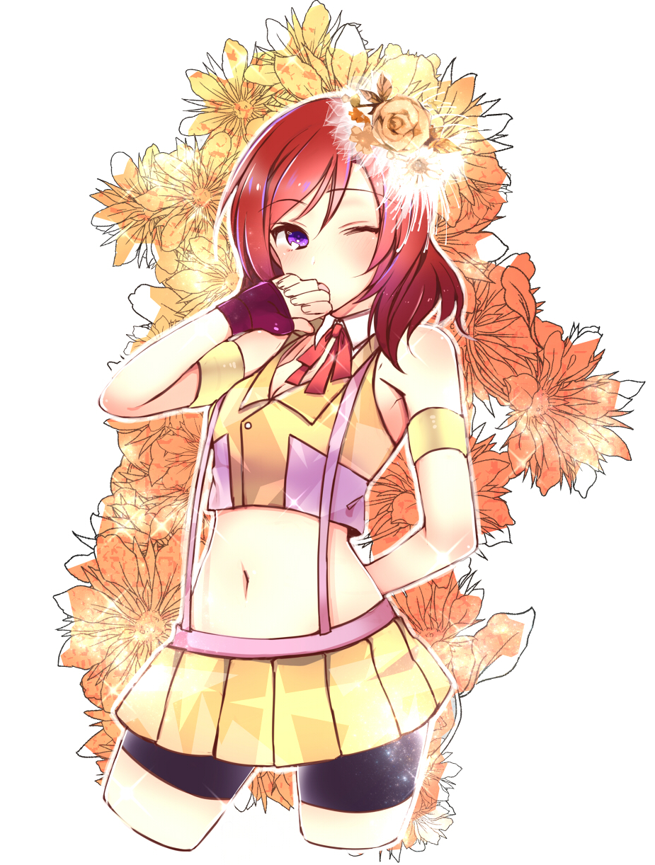 1girl, arms_behind_back, bare_shoulders, bike_shorts, cowboy_shot, crop_top, flower, flower_on_head, hand_in_mouth, highres, karuto, looking_at_viewer, love_live!_school_idol_project, microskirt, midriff, navel, nishikino_maki, one_eye_closed, open_mouth, pleated_skirt, redhead, rose, short_hair, skirt, sleeveless, sleeveless_shirt, suspenders, violet_eyes, yellow_rose, yellow_shirt, yellow_skirt