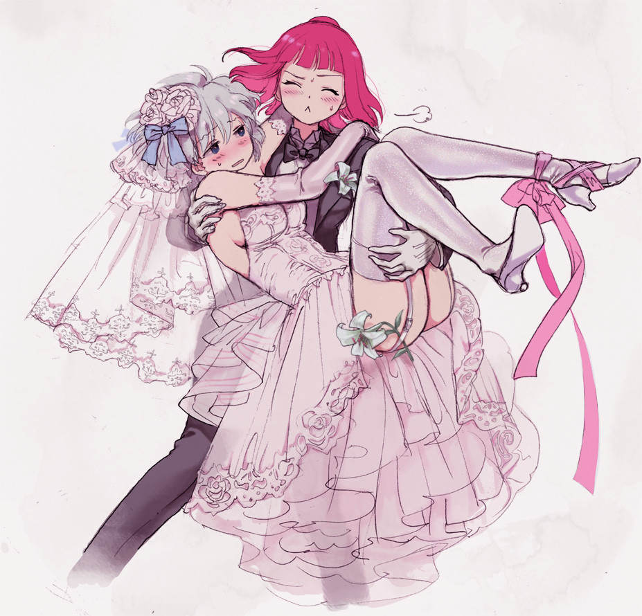 2girls, blush, bouquet, bowtie, bridal_veil, bride, dress, flower