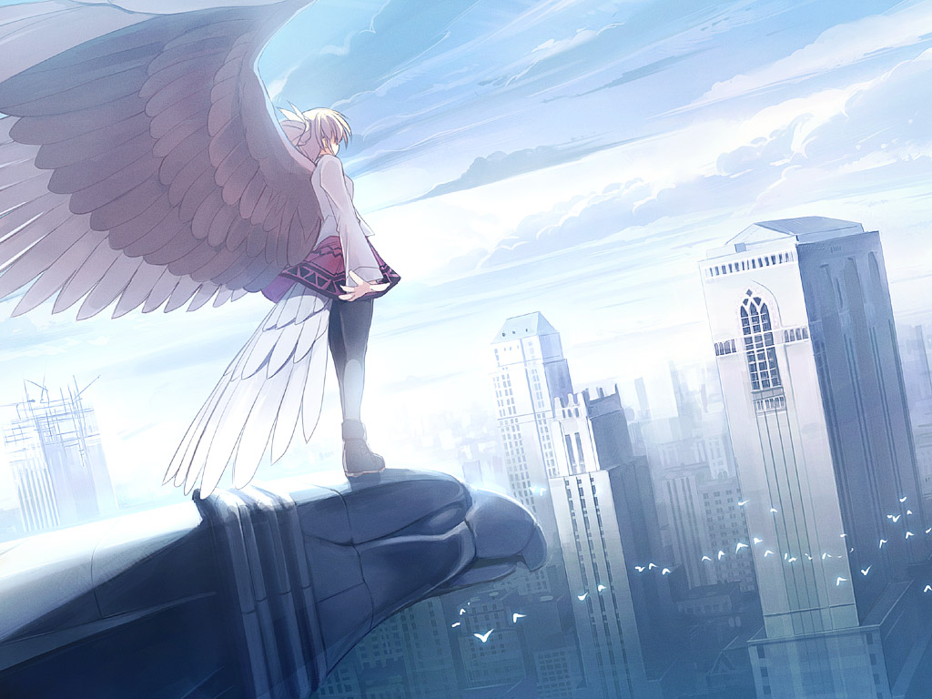 bird, blonde_hair, building, city, cityscape, cloud, gray_pantyhose, new_york