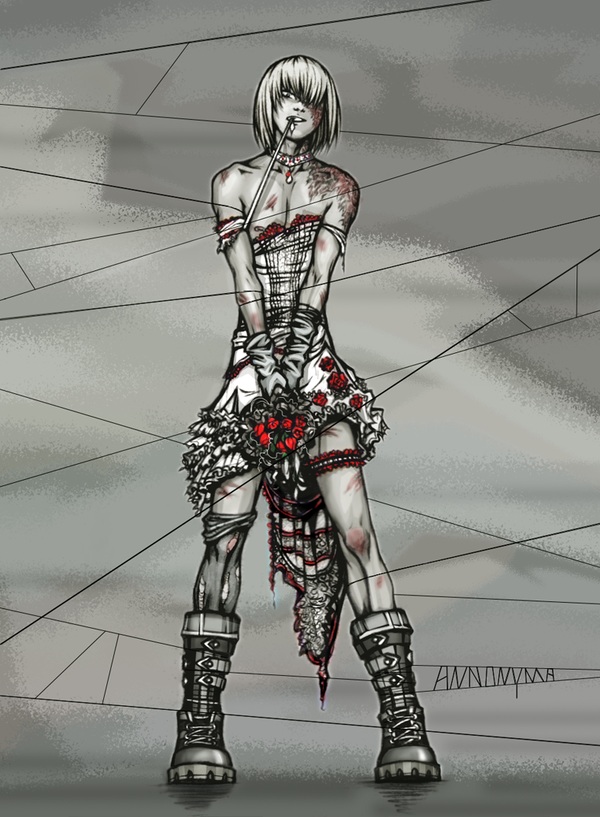 annonyma, blonde_hair, blood, boots, burn, crossdressing, death_note, dress