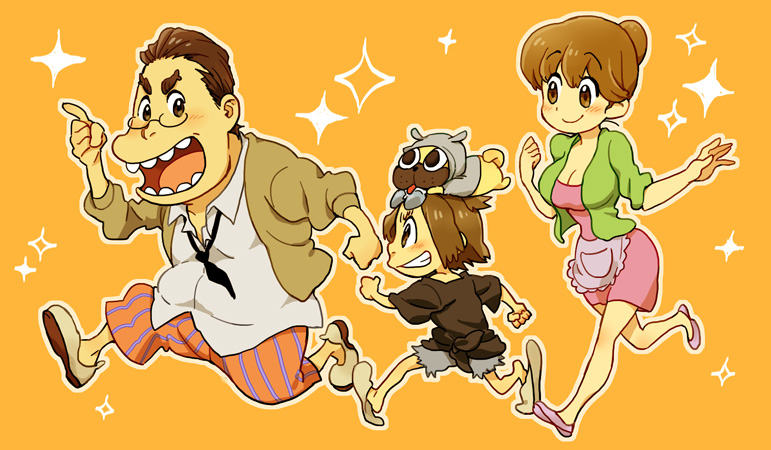 1girl, 2boys, brown_hair, dog, family, guts_(kill_la_kill), kazaya, kill_la_kill