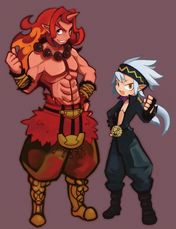 2boys, boots, choker, clenched_hand, disgaea, fingerless_gloves, gloves, grey_hair, grin, hand_on_hip, headband, horn, kazamine_(stecca), long_hair, makai_senki_disgaea_5, male, multiple_boys, muscle, pants, ponytail, purple_background, red_magnus, red_skin, redhead, shirtless, smile, standing, thumbs_up, yellow_eyes, zeroken_(disgaea)
