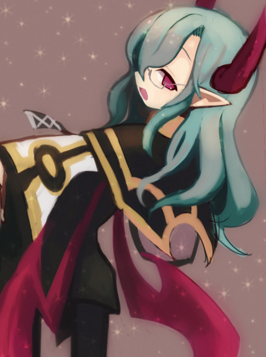 1boy, brown_background, christo_(disgaea), disgaea, glasses, green_hair, horns, kazamine_(stecca)