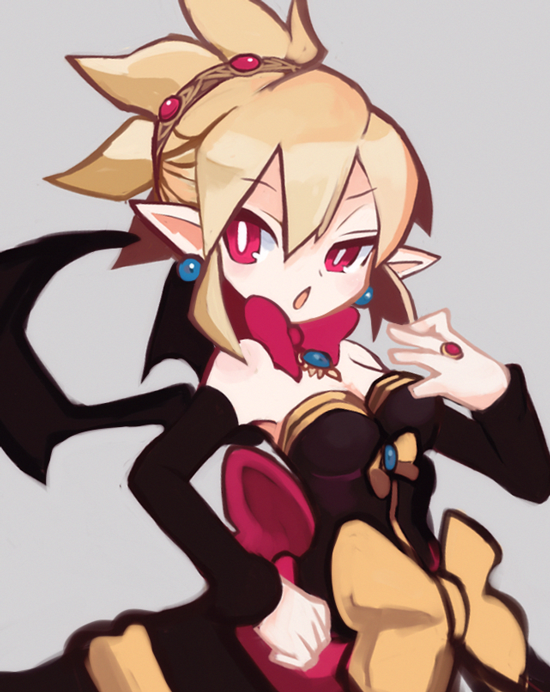 1girl, arm_warmers, blonde_hair, bow, bright_pupils, disgaea, dress, earrings
