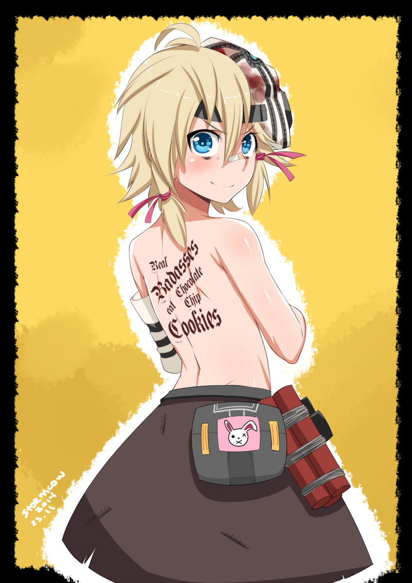 >:), 1girl, artist_name, back, back_tattoo, bags_under_eyes, bandages, blonde_hair