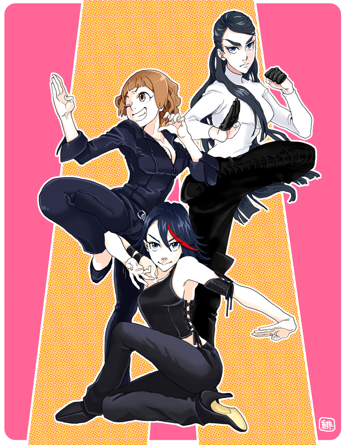 3girls, alternate_costume, alternate_hairstyle, black_hair, brown_hair, charlie's_angels, fighting_stance, grin