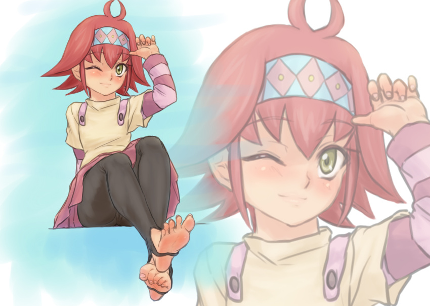 1girl, ayukawa_ayu, barefoot, black_legwear, highres, kuro_suto_sukii, leggings, redhead, sitting, skirt, smile, solo, yuu-gi-ou, yuu-gi-ou_arc-v