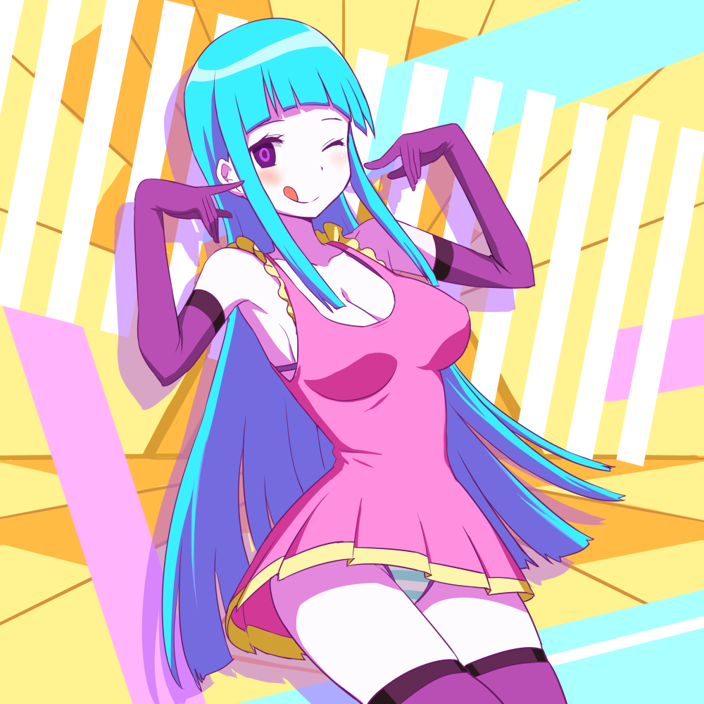 1girl, :q, blue_hair, breasts, cleavage, elbow_gloves, gloves, long_hair