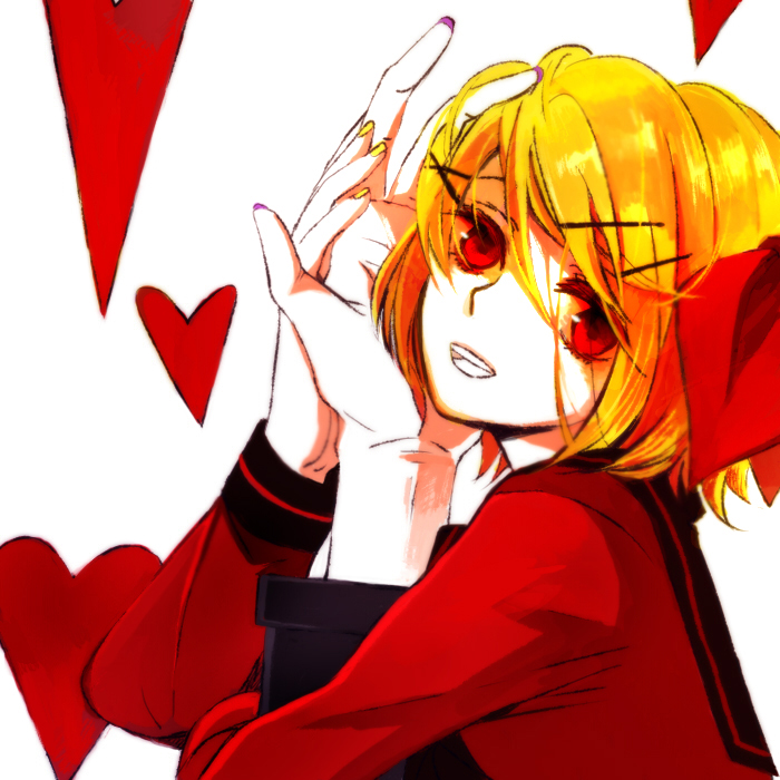 fear_garden_(vocaloid), hair_ornament, hairclip, hands, heart, kagamine_rin, nail_polish, nia_(four_winds)