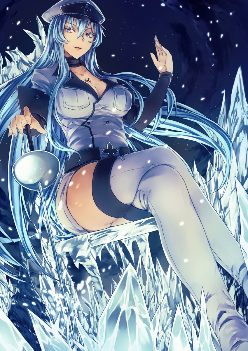 1girl, akame_ga_kill!, blue_eyes, blue_hair, boots, breasts, choker, cleavage