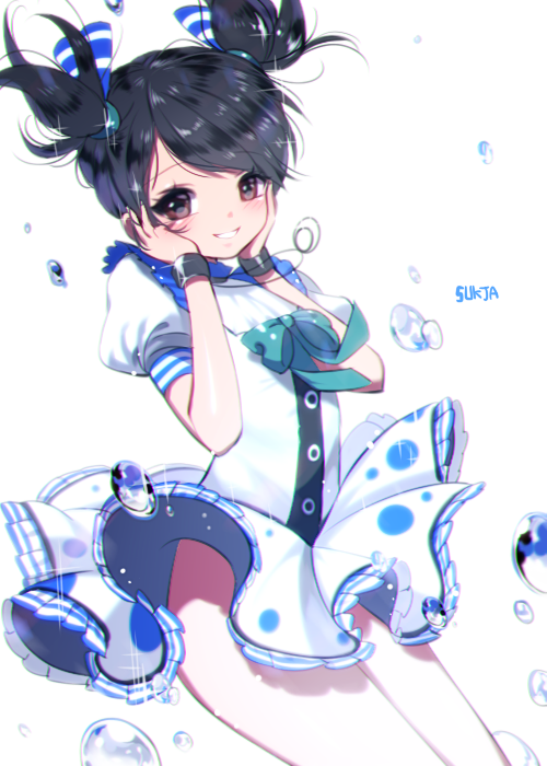 1girl, artist_name, black_hair, blush, brown_eyes, bubble, cyphers, hands_on_own_face, jewelry, looking_at_viewer, marlene_(cyphers), necklace, shiny, shiny_hair, short_hair, signature, smile, solo, sorolp, twintails, white_background
