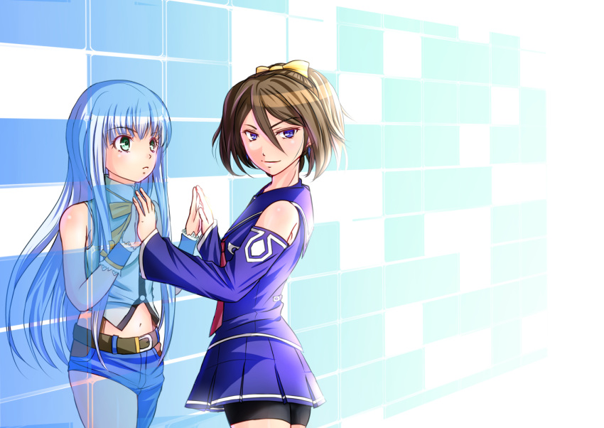 2girls, aoki_hagane_no_arpeggio, asymmetrical_clothes, bike_shorts, blue_hair, brown_hair, cosplay, costume_switch
