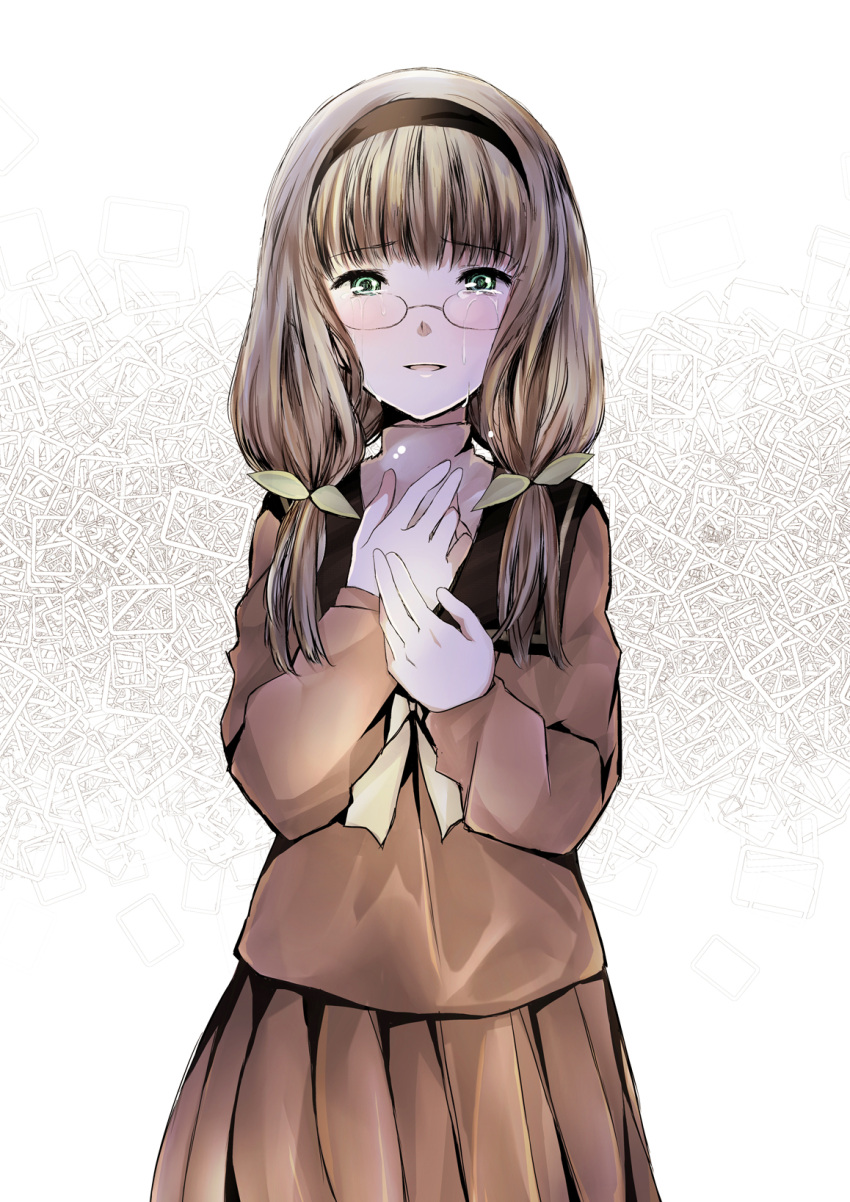 1girl, brown_hair, crying, crying_with_eyes_open, glasses, green_eyes, highres, school_uniform