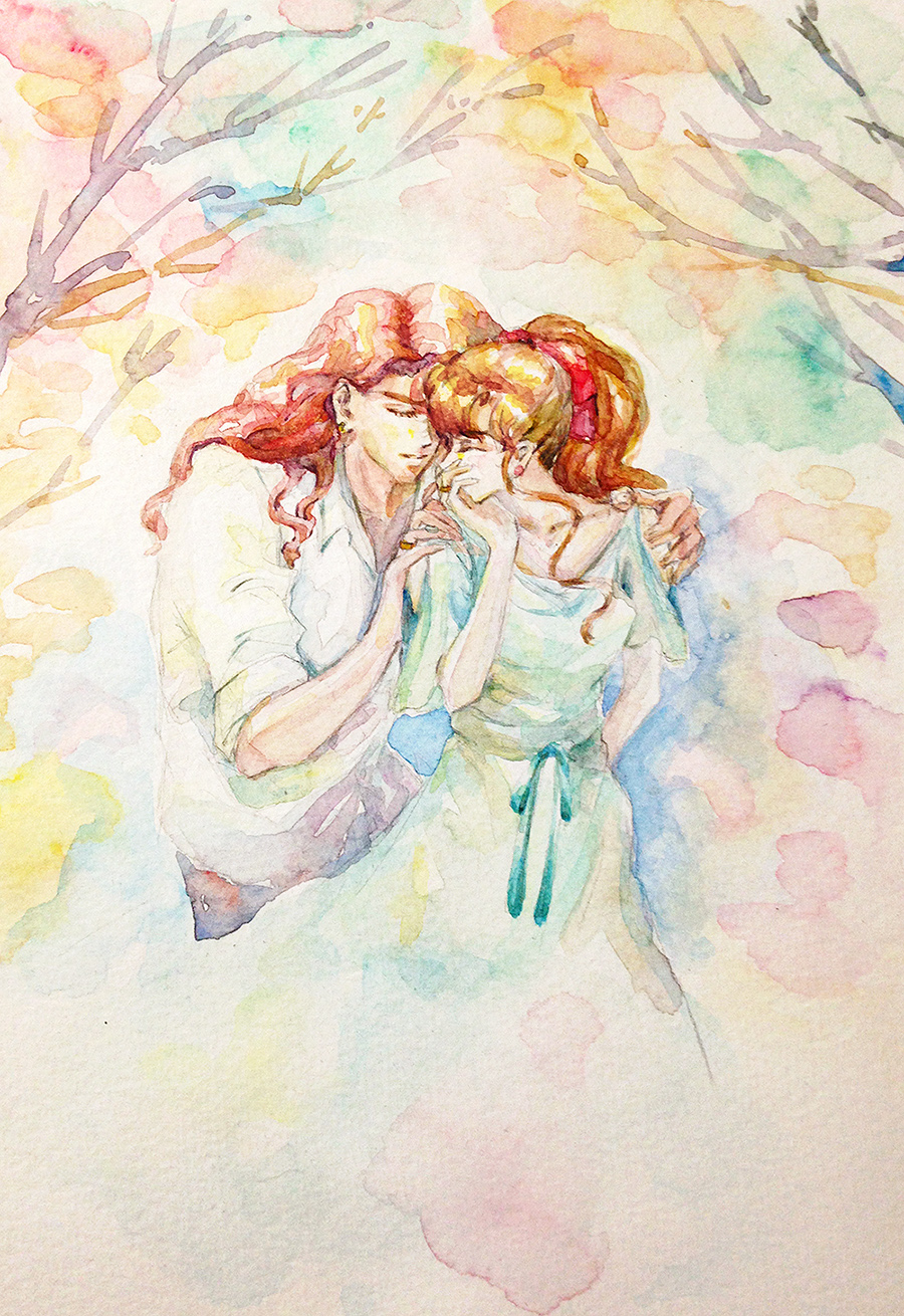 1boy, 1girl, artist_request, bare_tree, bishoujo_senshi_sailor_moon, branch, brown_hair, covering_mouth