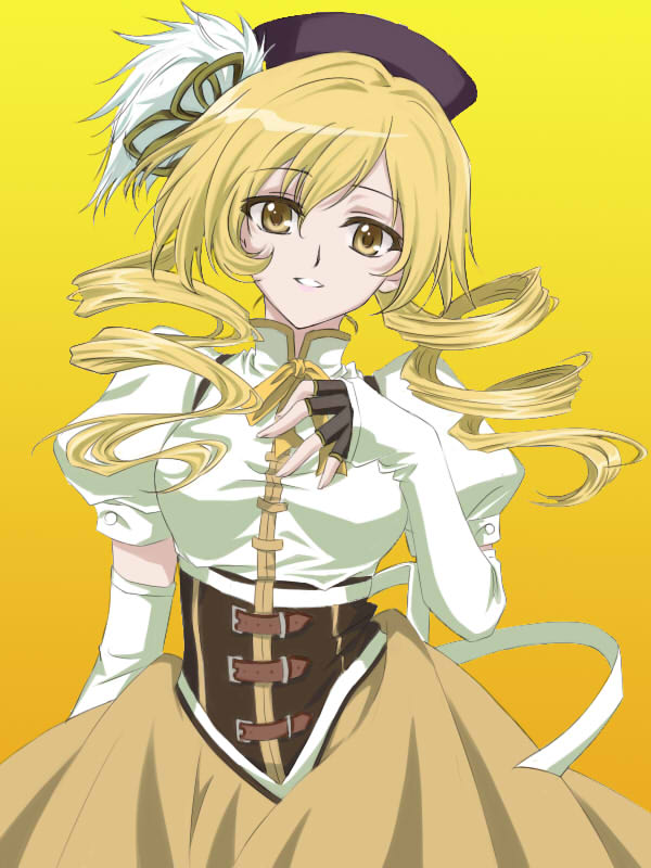 1girl, beret, blonde_hair, detached_sleeves, drill_hair, fingerless_gloves, gloves, hair_ornament