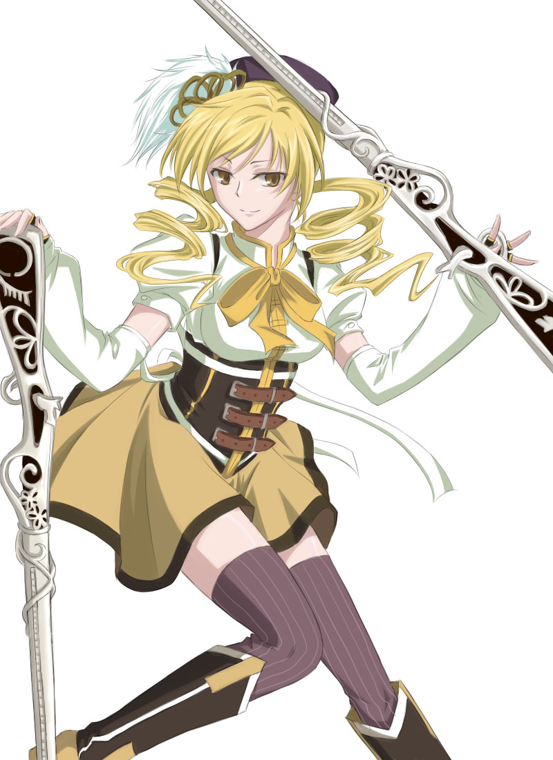 1girl, beret, blonde_hair, boots, brown_legwear, detached_sleeves, drill_hair, fingerless_gloves