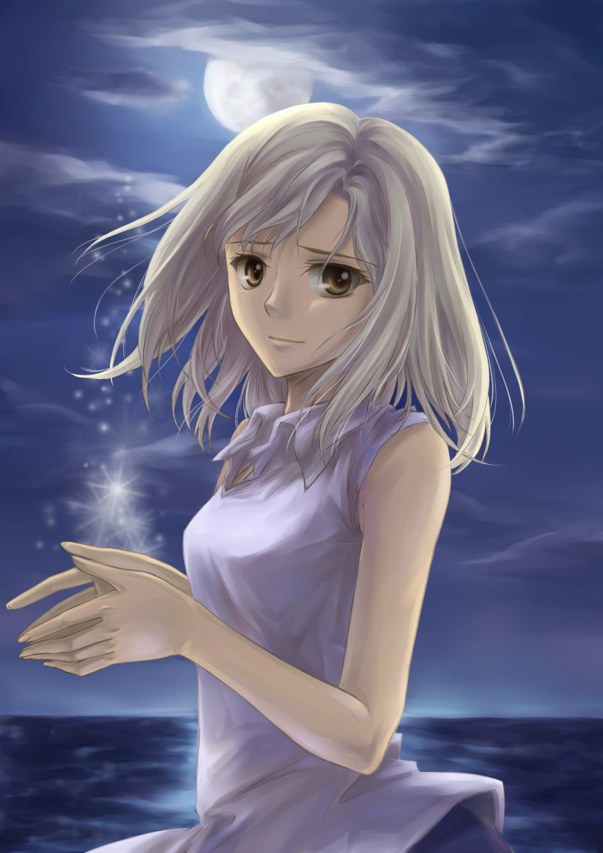 1girl, absurdres, brown_eyes, clouds, highres, looking_at_viewer, moon, night