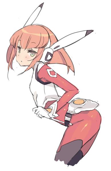 1girl, barara_peol, blade_(galaxist), bodysuit, comic, green_eyes, gundam, gundam_g_no_reconguista, headgear, leaning_forward, orange_hair, short_hair, solo, white_background