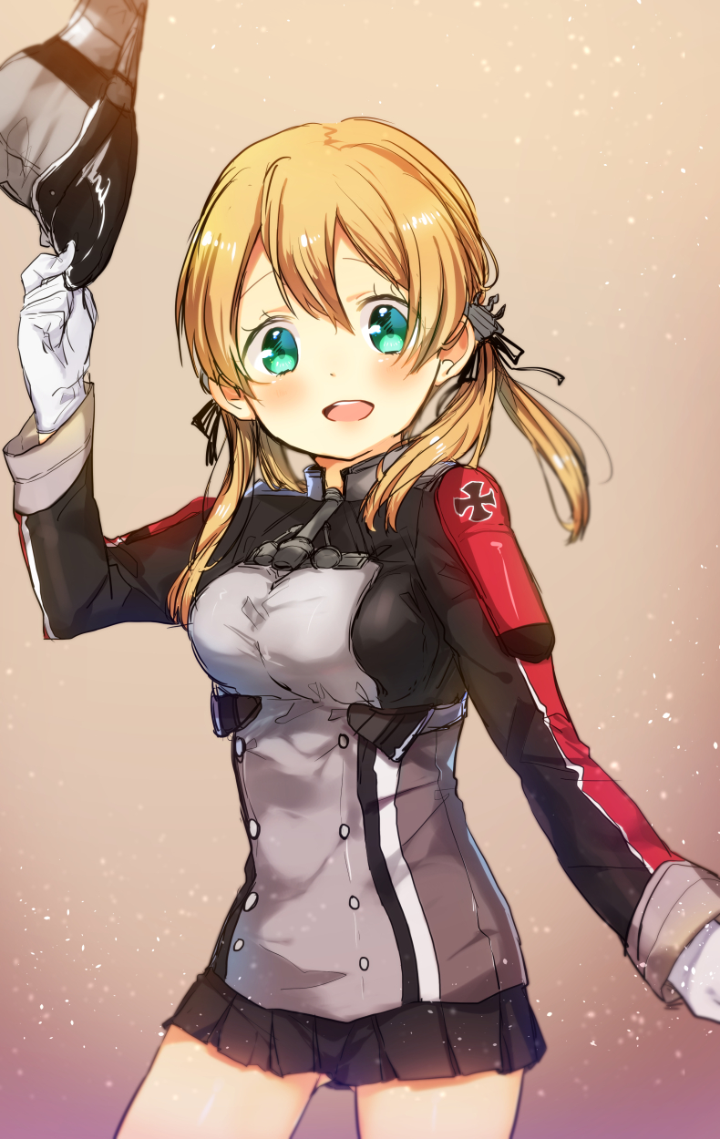 1girl, anchor_hair_ornament, aqua_eyes, black_ribbon, black_skirt, blonde_hair, blush, gloves, gradient, gradient_background, hair_ornament, hair_ribbon, hat, hat_removed, headwear_removed, highres, holding, holding_hat, iron_cross, kantai_collection, light_particles, long_hair, long_sleeves, looking_at_viewer, microskirt, military, military_uniform, mofun, open_mouth, peaked_cap, prinz_eugen_(kantai_collection), ribbon, skirt, smile, solo, twintails, uniform, white_gloves