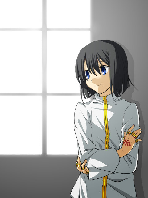 1boy, black_hair, blue_eyes, crossed_arms, jewelry, melty_blood, merem_solomon, nahori_(hotbeans)