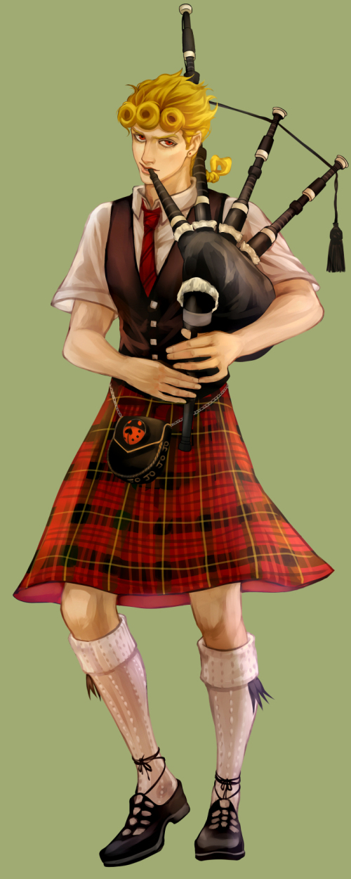 1boy, bagpipes, blonde_hair, giorno_giovanna, highres, jojo_no_kimyou_na_bouken, kilt, kilva_lollop