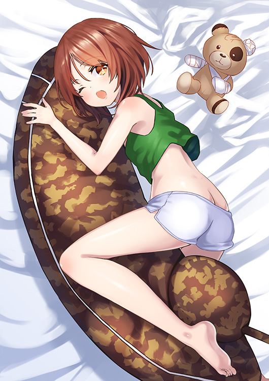 1girl, ass, barefoot, blush, body_pillow, brown_eyes, brown_hair, girls_und_panzer