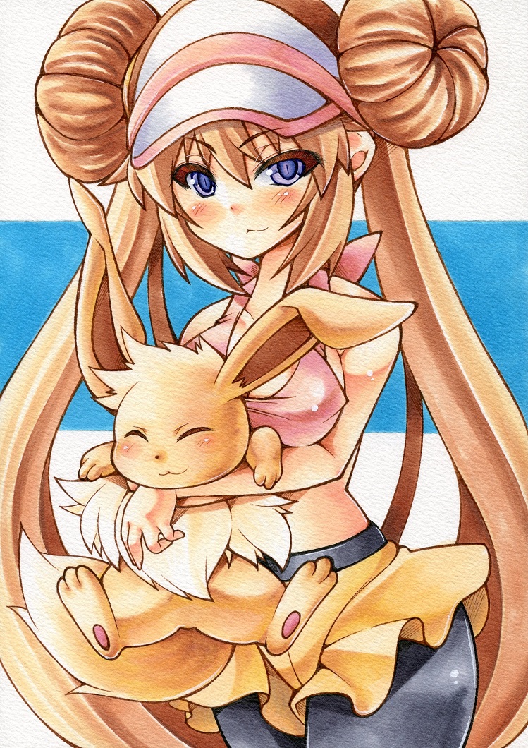 1girl, blue_eyes, blush, breasts, eevee, hat, large_breasts, long_hair