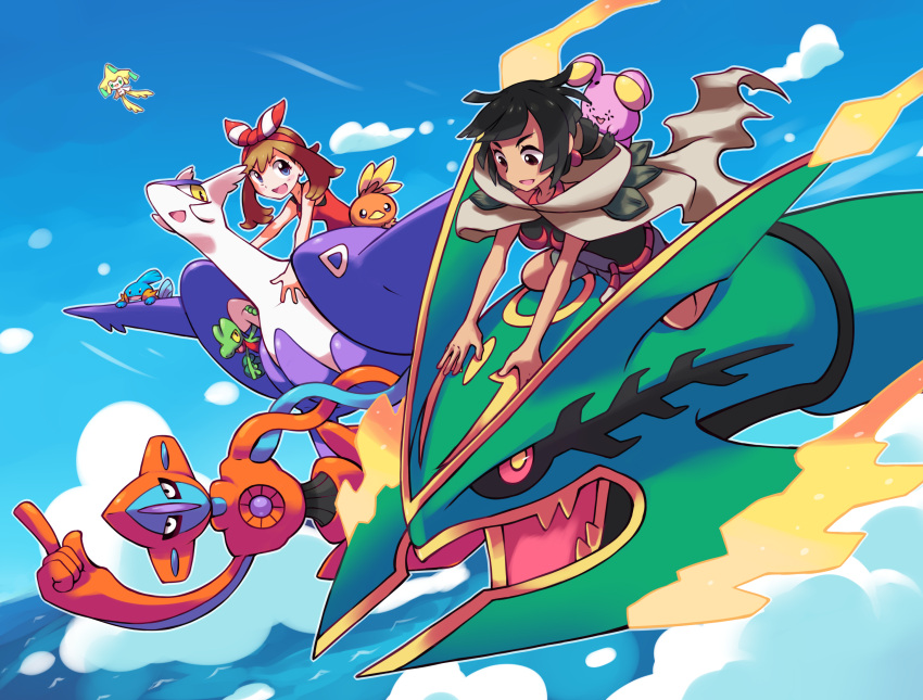 2girls, bandana, black_hair, brown_hair, cloak, clouds, deoxys, haruka_(pokemon)_(remake)