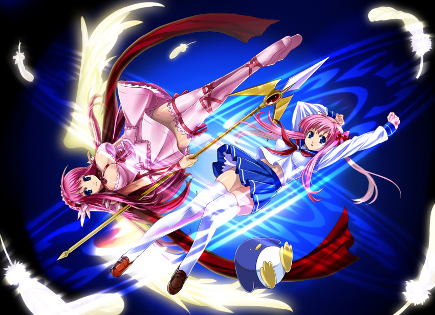 blue_eyes, breasts, cleavage, dual_persona, etopen, feathers, fujimon, haramura_nodoka