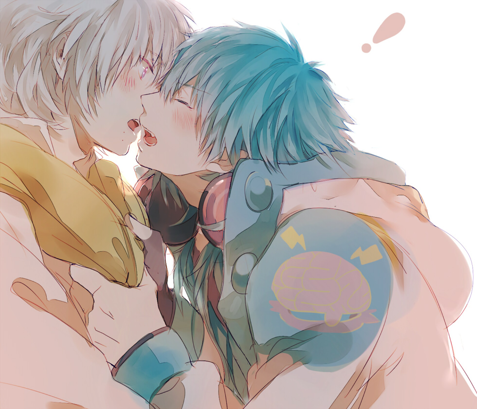 !, 2boys, blue_hair, blush, clear_(dramatical_murder), clothes_grab, couple, dramatical_murder