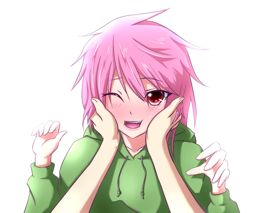 1girl, blush, d-frag!, green_(midoriryuu), highres, hoodie, lipstick, looking_at_viewer, makeup, mizukami_sakura, pink_eyes, pink_hair, short_hair, simple_background, smile, white_background