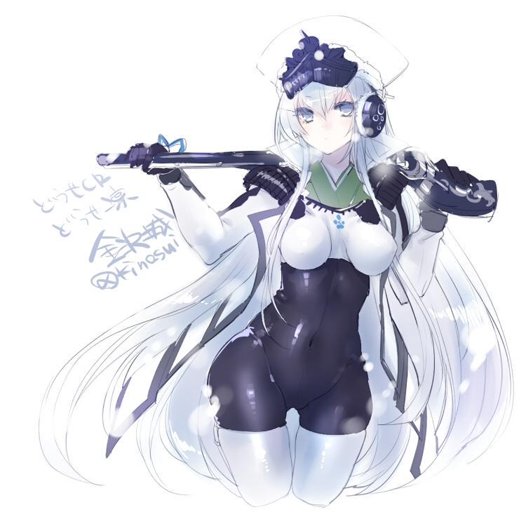 1girl, bodysuit, breasts, covered_navel, cowboy_shot, grey_eyes, gun, hat, kinosaki_reisui, long_hair, looking_at_viewer, over_shoulder, rifle, sengoku_bushouki_muramasa, solo, twitter_username, very_long_hair, weapon, weapon_over_shoulder, white_hair