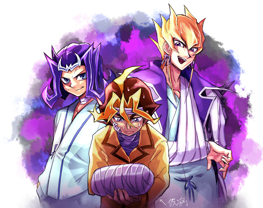 3boys, :d, bandages, blonde_hair, cast, hospital_gown, injury, jack_atlas