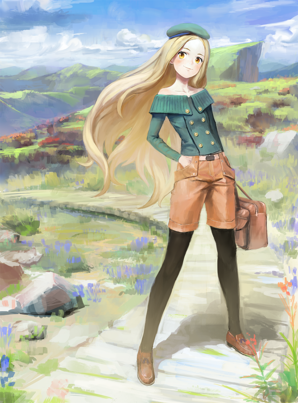 1girl, bag, bare_shoulders, beret, black_legwear, blonde_hair, blue_sky, blush