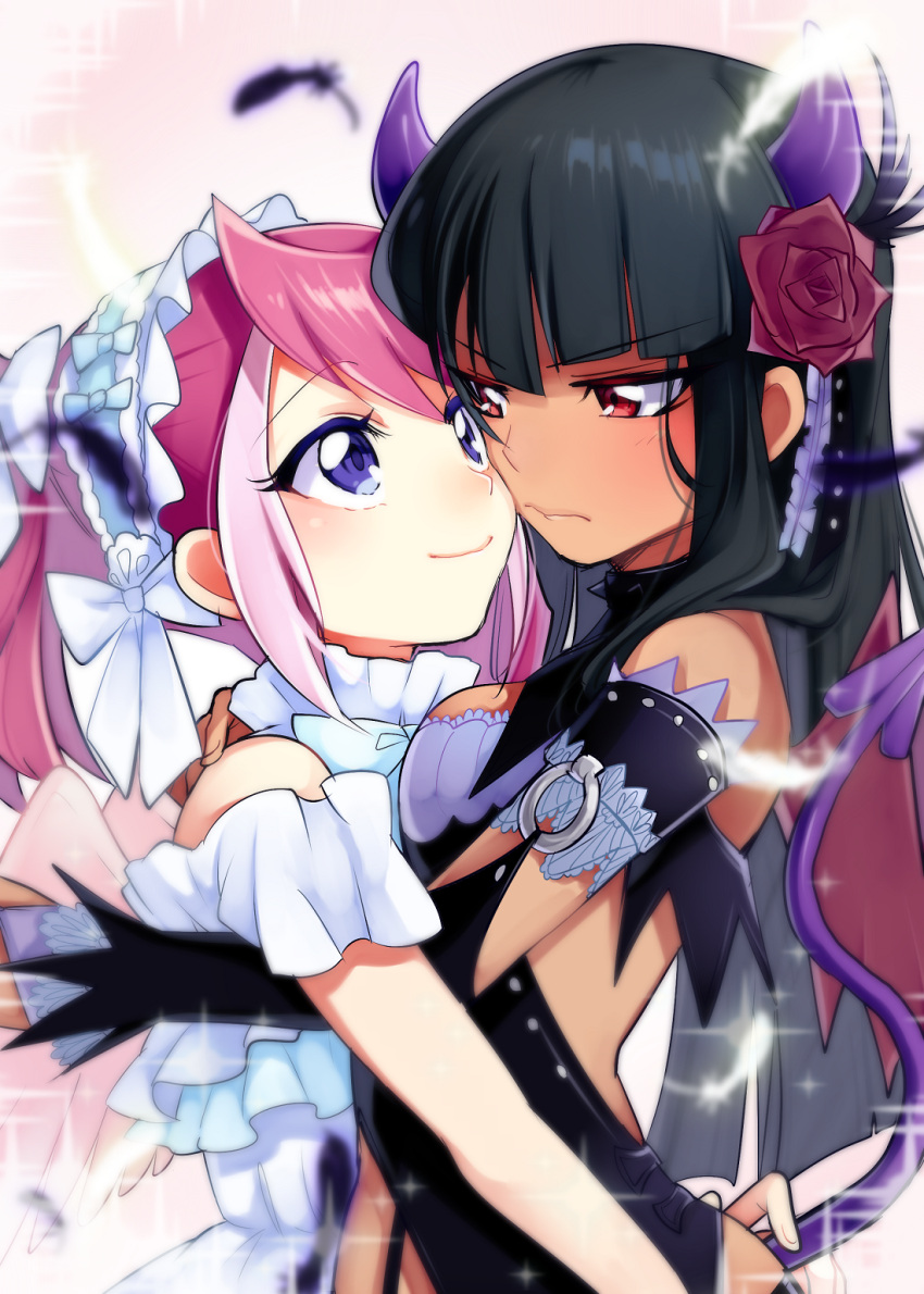 2girls, alternate_costume, armband, backless_outfit, black_hair, blue_eyes, blush, dark_skin
