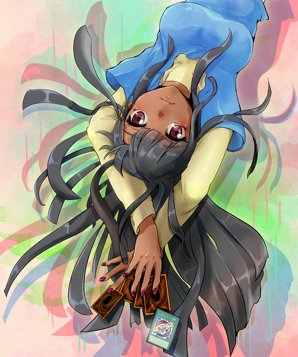 black_hair, card, dark_skin, highres, kotsu_masumi, long_hair, lying, nail_polish