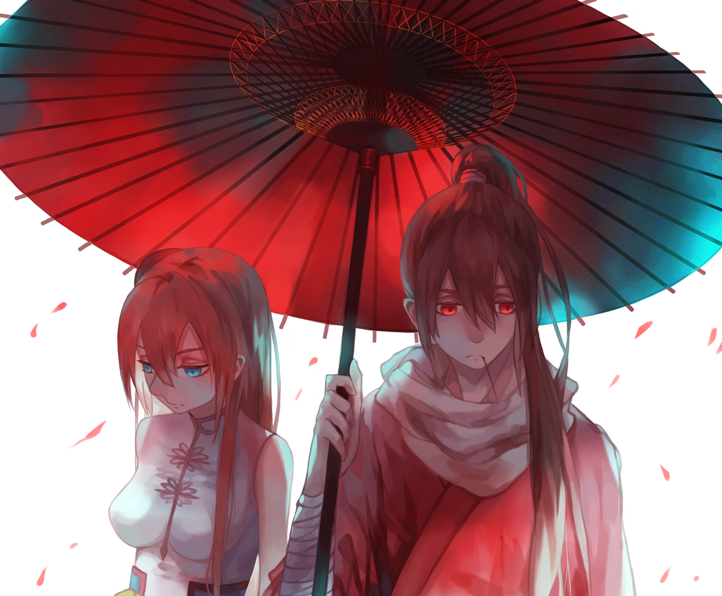 1boy, 1girl, 91_(968087), blue_eyes, brown_hair, chinese_clothes, gintama, japanese_clothes, kagura_(gintama), long_hair, okita_sougo, orange_hair, oriental_umbrella, petals, red_eyes, scarf, short_hair, umbrella