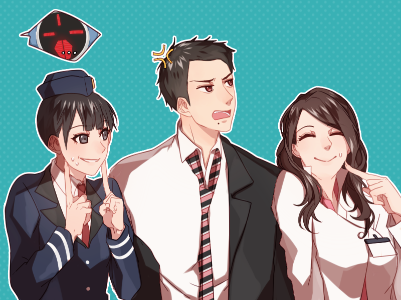 1boy, 2girls, =_=, ^_^, anger_vein, belt-san, black_hair, brown_eyes