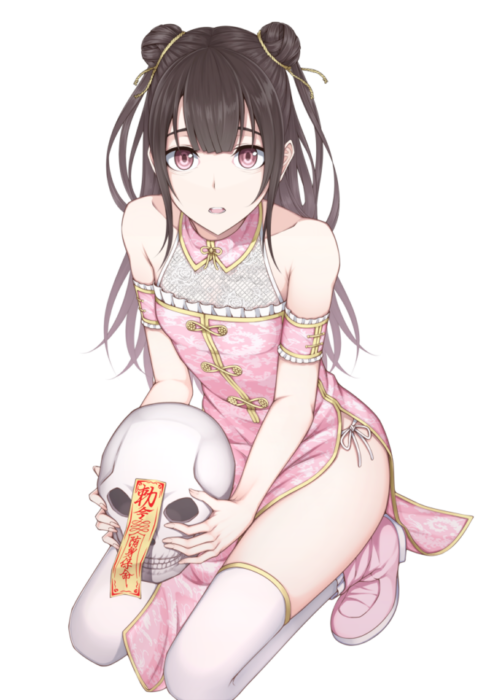 1girl, bangs, bare_shoulders, black_hair, china_dress, chinese_clothes, double_bun, flat_chest