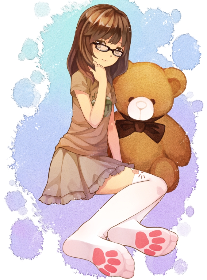1girl, blush, brown_eyes, brown_hair, brown_shirt, brown_skirt, glasses, original, sitting, skirt, solo, stuffed_animal, stuffed_toy, t-shirt, teddy_bear, thigh-highs, touching_hair, tsubasa_tsubasa, white_legwear, zettai_ryouiki