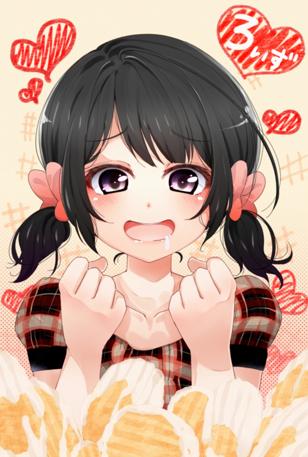 1girl, ahoge, black_hair, blush, bow, checkered, copyright_request, drooling