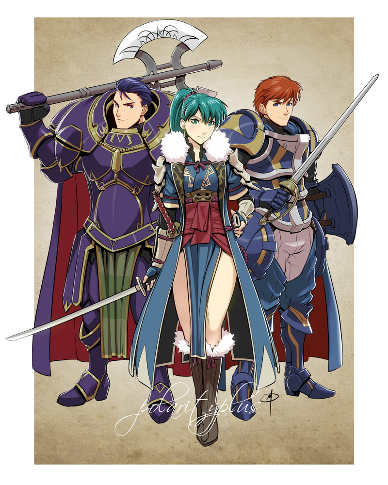1girl, 2boys, armor, battle_axe, blue_eyes, boots, brown_hair, chaps